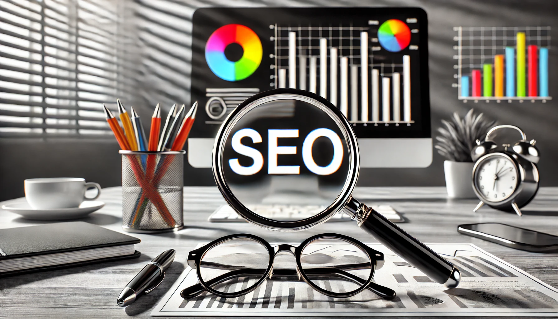 Lupe vergrößert das Wort „SEO“ in farbiger Schrift auf einem Schreibtisch mit Monitor, Brille, Stiften und einem Glas Wasser. Der Hintergrund ist schwarz-weiß. auf www.gutes-wissen.org