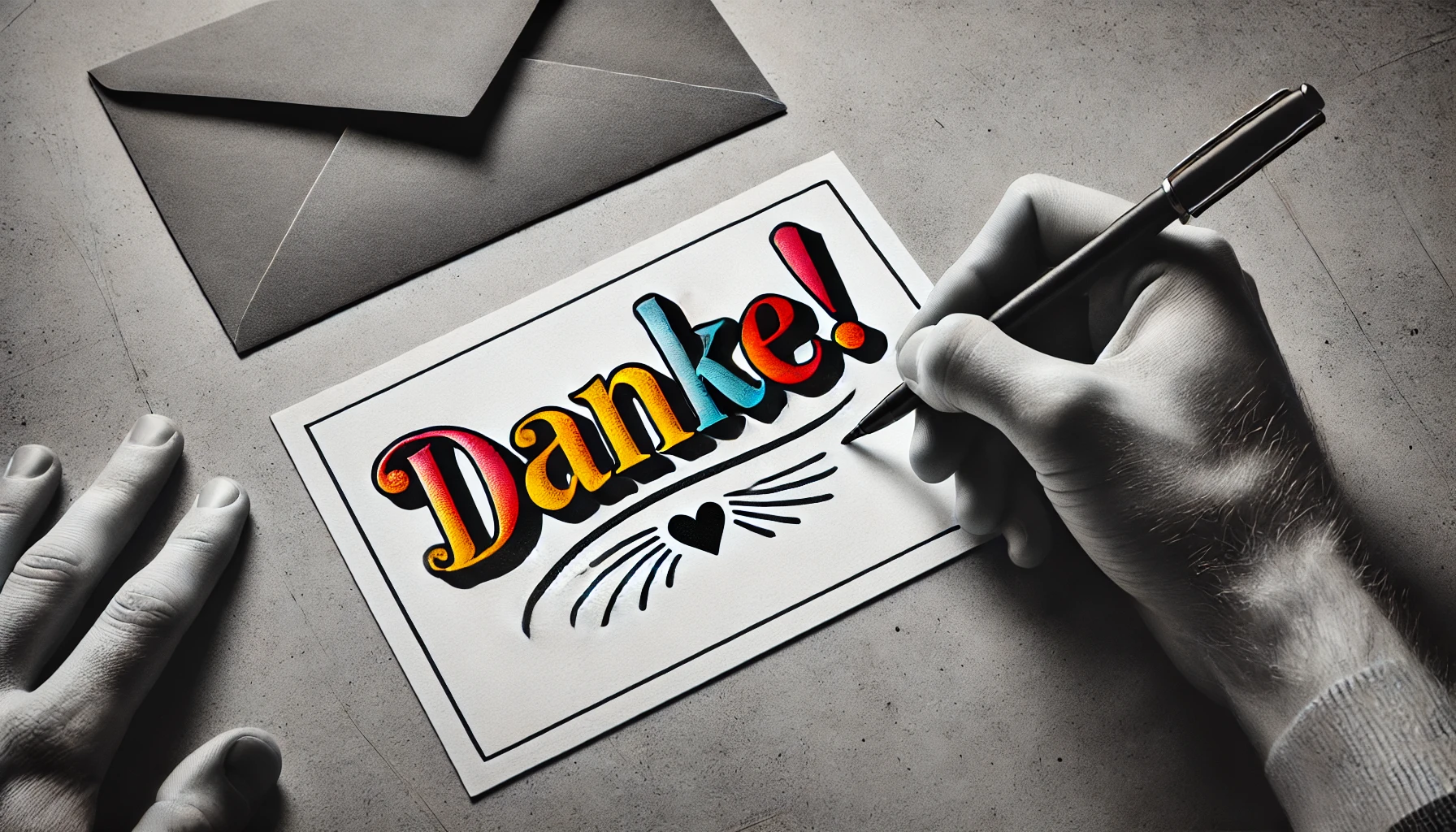 Hand schreibt das Wort „Danke!“ farbig auf eine Karte, während der Hintergrund in Schwarz-Weiß gehalten ist. Minimalistische Szene mit Stift und Umschlag. auf www.gutes-wissen.org