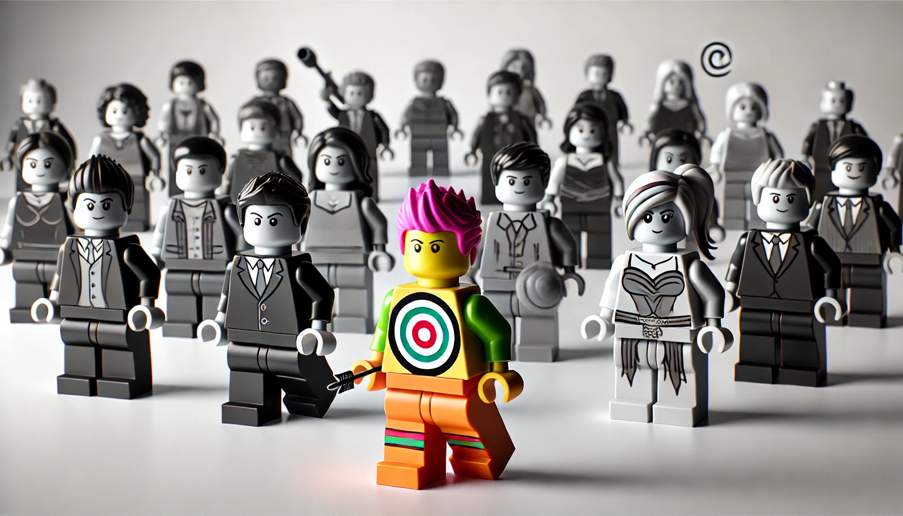 Eine Gruppe von LEGO-Figuren, alle in Schwarz-Weiß, mit einer besonders bunten, farblich hervorgehobenen Figur im Vordergrund zur Darstellung der Zielgruppenanalyse im Fundraising. auf www.gutes-wissen.org
