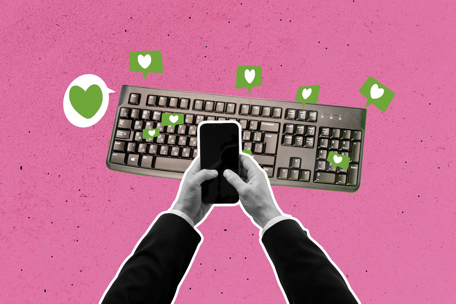 Tastatur mit grünen Herzen und zwei Händen, die ein Smartphone halten