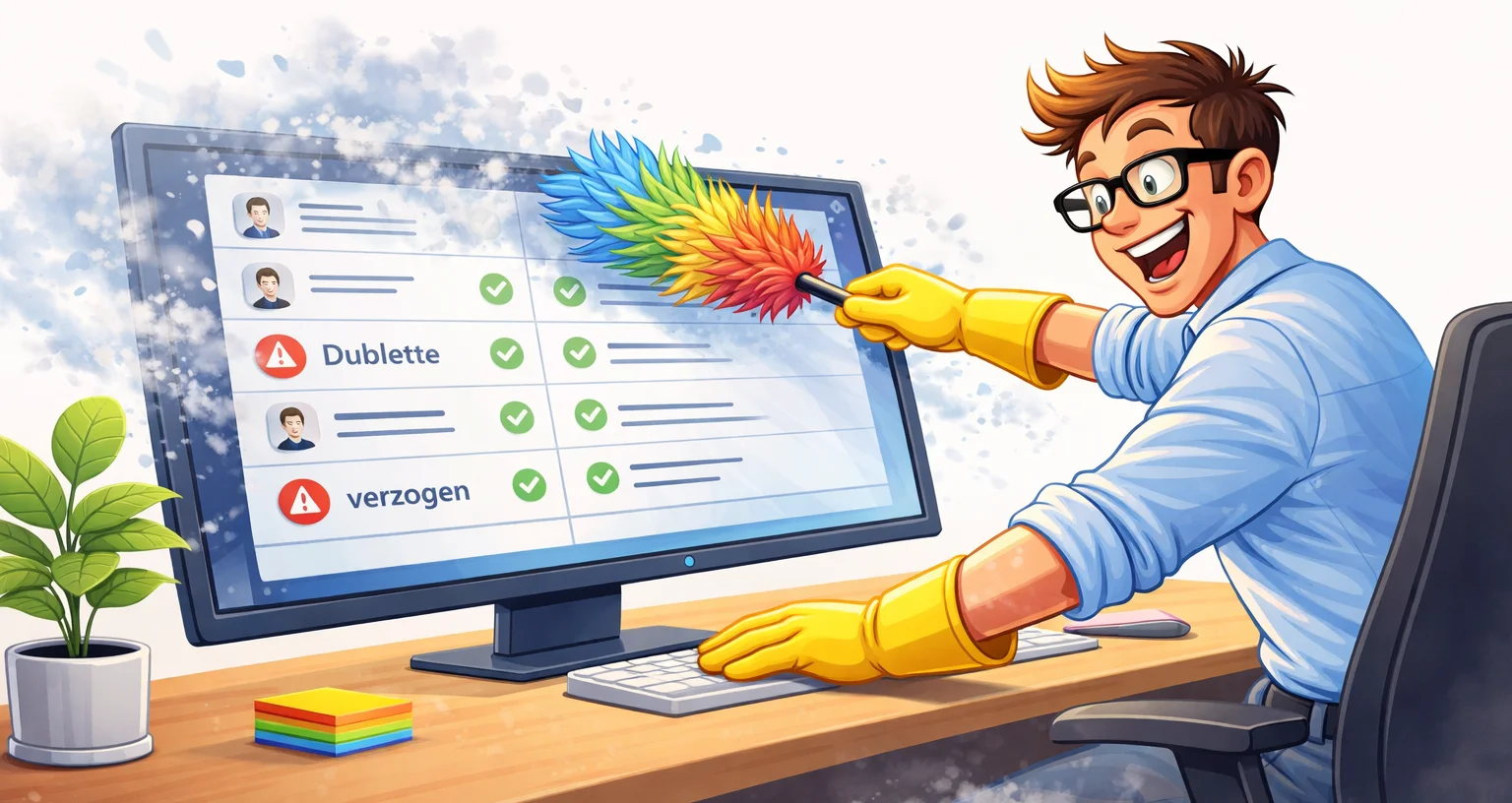 Illustration zum Data Care Summer: hier wird gründlich aufgeräumt in der Adress-Datenbank.