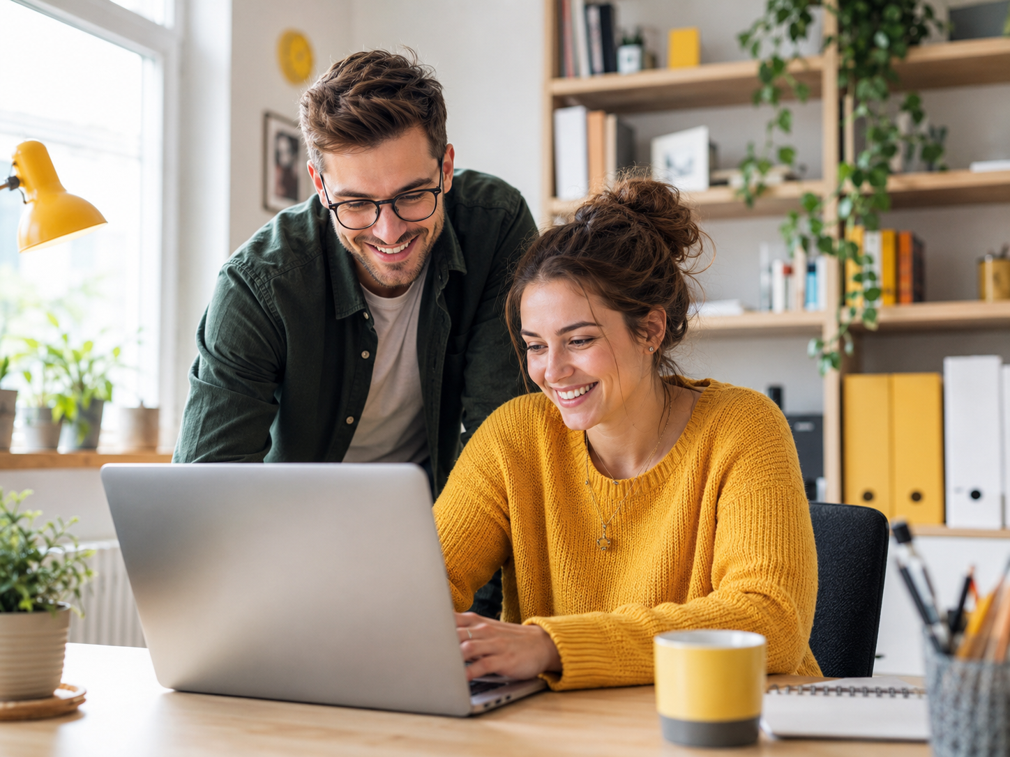 Zwei junge Erwachsene sitzen vor einem Laptop und nehmen an einem Webinar teil.