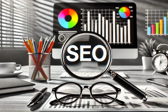 Lupe vergrößert das Wort „SEO“ in farbiger Schrift auf einem Schreibtisch mit Monitor, Brille, Stiften und einem Glas Wasser. Der Hintergrund ist schwarz-weiß. auf www.gutes-wissen.org