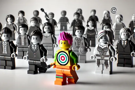 Eine Gruppe von LEGO-Figuren, alle in Schwarz-Weiß, mit einer besonders bunten, farblich hervorgehobenen Figur im Vordergrund zur Darstellung der Zielgruppenanalyse im Fundraising. auf www.gutes-wissen.org